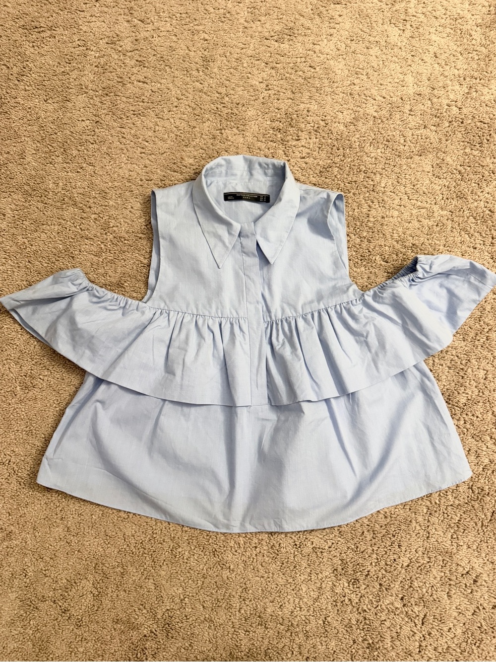 Zara Ruffle Cold-Shoulder Crop Top Women size Medium Light Blue Collar Shirt
